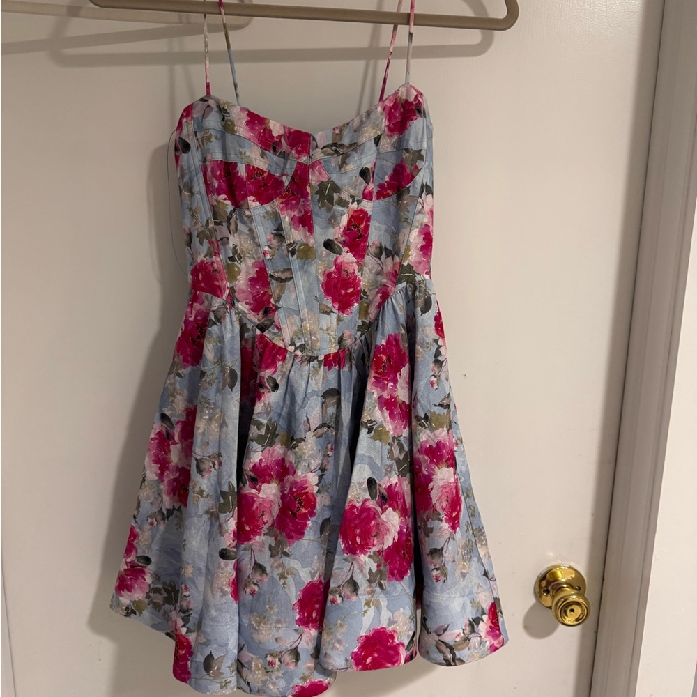 Bardot Blue and Pink Floral Mini Dress Sleeveless Spaghetti Strap